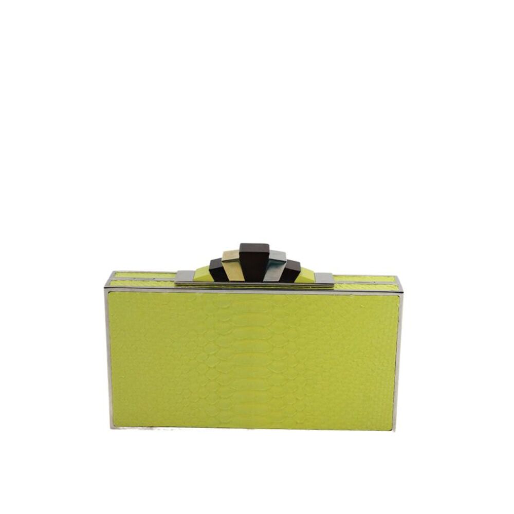Lela Rose Womens Leather Animal Print Textured Minaudiere Handbag Neon Yellow